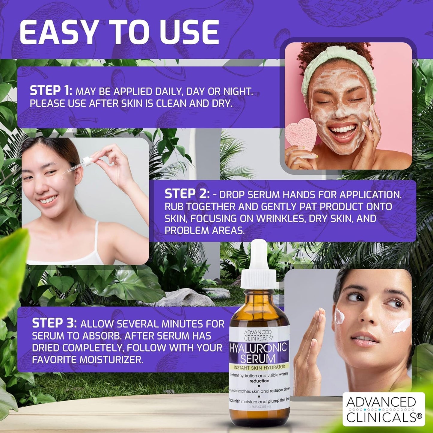 Advanced Clinicals Pure Hyaluronic Acid Serum For Face | Facial Moisturizer | Hydrating Facial Skin Care Product | Anti Aging Serum For Face, Wrinkles, Dark Spots, Fine Lines, & Dry Skin, 1.75 Fl Oz