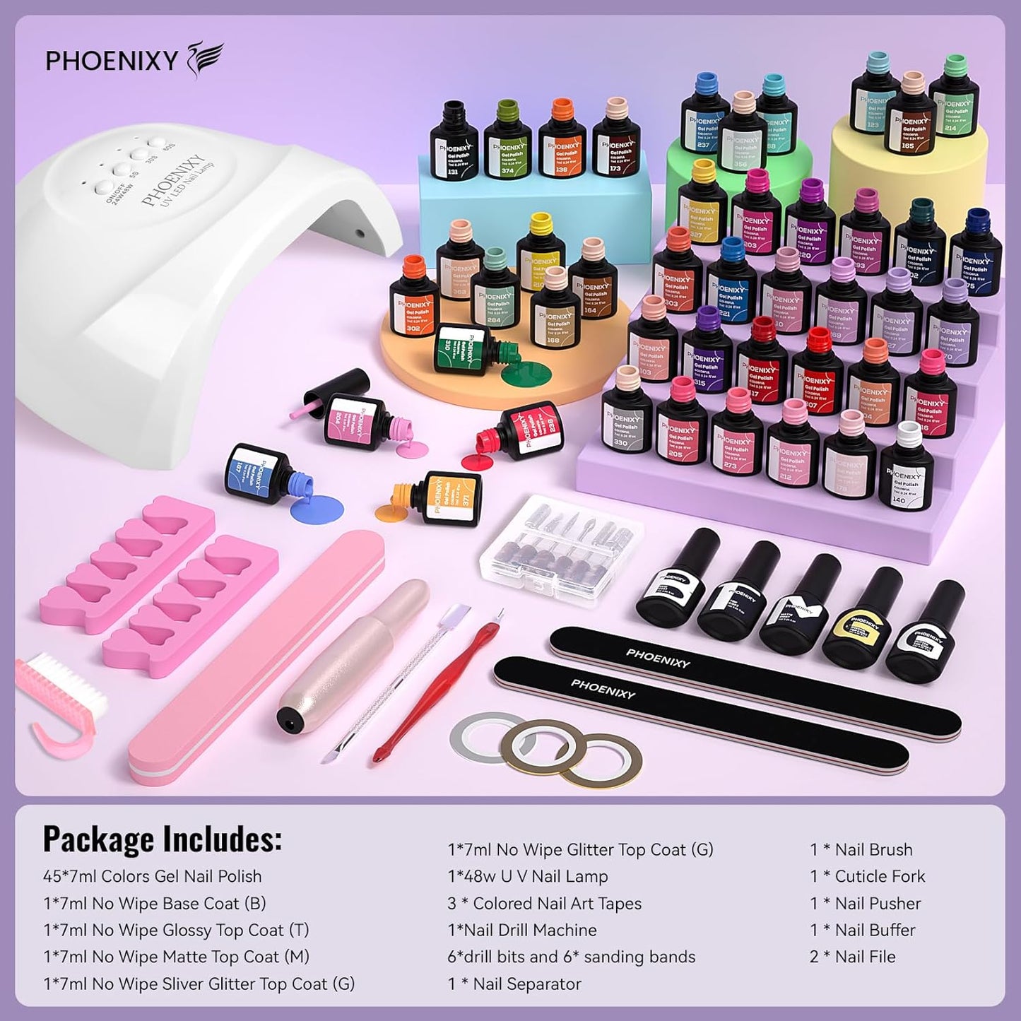 PHOENIXY 63 Pcs Gel Nail Polish Kit with U V light and Drill, 45 Colors Gel Polish with 5 Pcs Base Top Coat Manicure Starter Nail Polish Set Gifts for Women ST9017