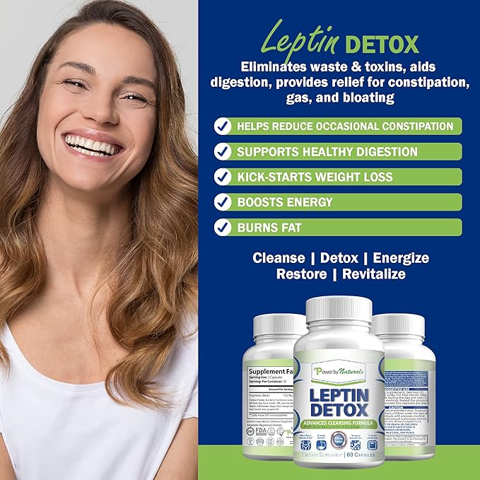 Power By Naturals Leptin Detox Cleanse for Reduce Weight - Natural Gut & Colon Cleanser, 1532mg, Acai Berry Cleanse for Men & Women, 60 Capsules, USA-Made