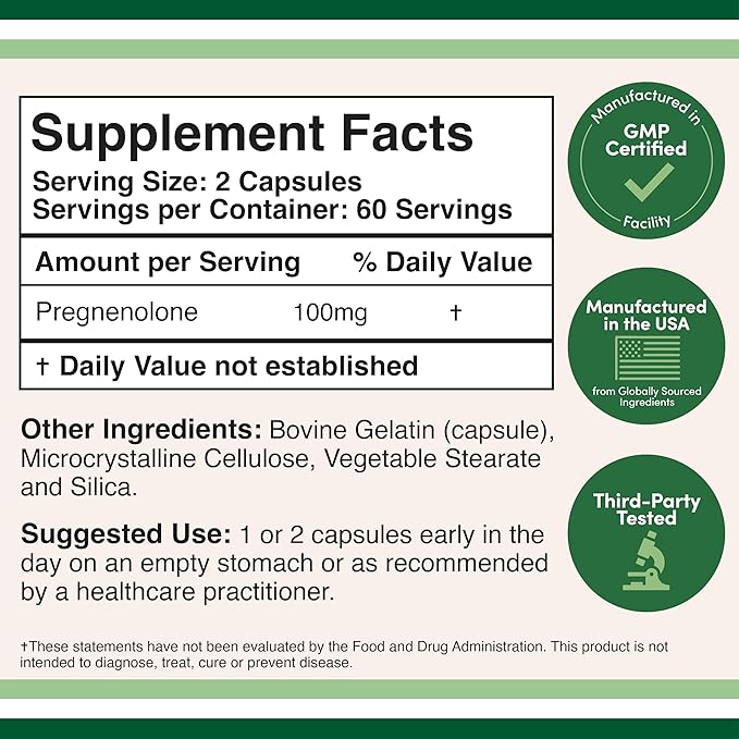 Pregnenolone 100mg per Serving (Converted to Progesterone to Boost Progesterone Levels) - Third Party Tested - 120 Capsules (50mg per Capsule) Non-GMO by Double Wood
