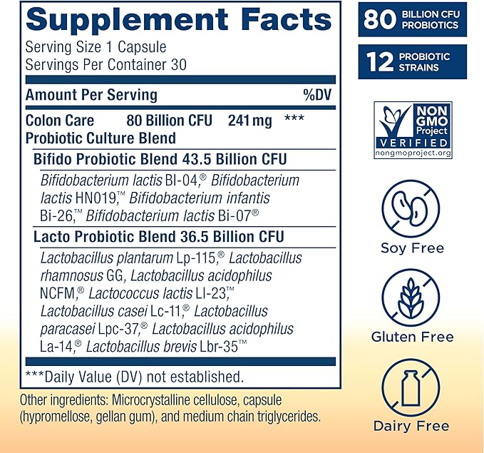 Renew Life Probiotic Colon Care Probiotic Capsules, Daily Supplement Offers Colon Support, L. Rhamnosus GG, Dairy, Soy and gluten-free, 80 Billion CFU, 60 Count
