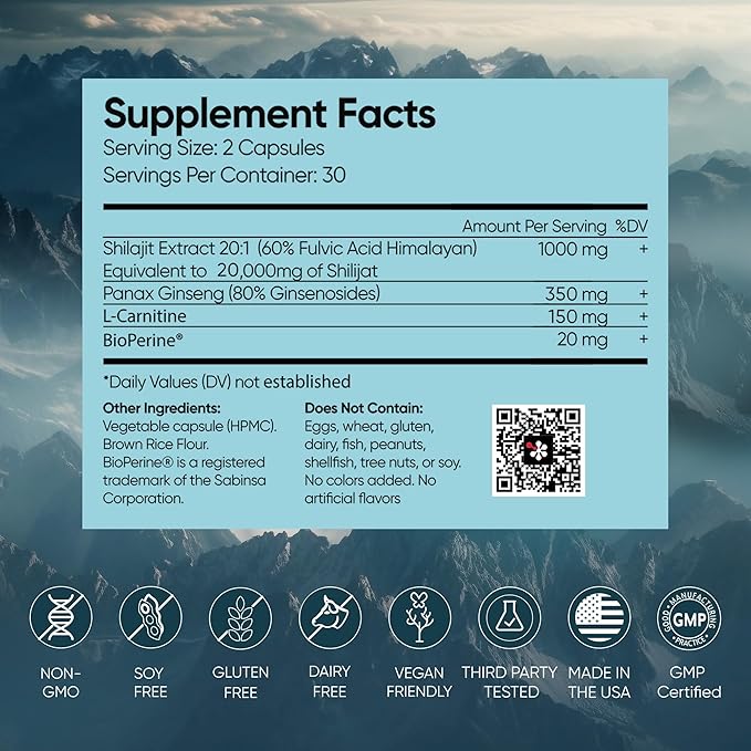 Pure Himalayan Shilajit Supplement 60 Capsules 60% Fulvic Acid 85+ Trace Minerals for Energy Boost & Immune Support Shilajit for Men & Women Alternative to Authentic Shilajit Resin or Pills, USA Made