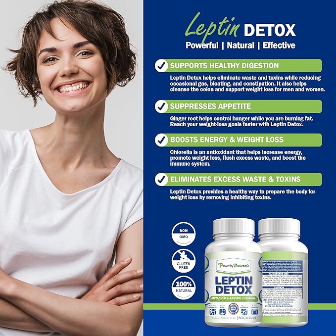 Power By Naturals Leptin Detox Cleanse for Reduce Weight - Natural Gut & Colon Cleanser, 1532mg, Acai Berry Cleanse for Men & Women, 60 Capsules, USA-Made