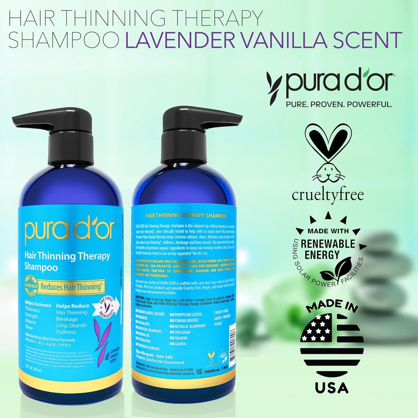 PURA D'OR 16 Oz Hair Thinning Therapy Biotin Shampoo - LAVENDER VANILLA Scent - CLINICALLY TESTED Effective Results, Herbal Blend Hair Thickening Products Women & Men, Color Safe Routine Shampoo