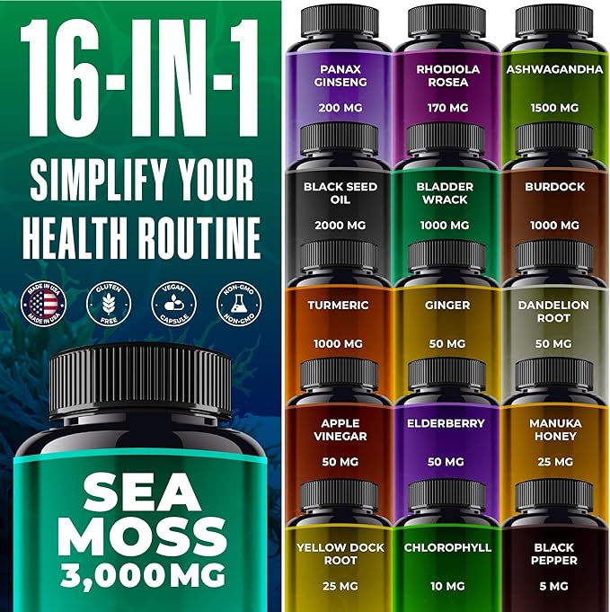 Sea Moss Black Seed Oil Ashwagandha Ginger - Advanced Irish Sea Moss Capsules All in One Supplement with Seamoss Black Seed Oil Ashwagandha Burdock Root Bladderwrack - Pills for Energy, Immune, Gut