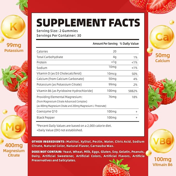 softbear Potassium Gummies for Adults, High Absorption Magnesium Potassium Supplement with Vitamin B6 for Leg Cramps & Muscle Health Sugar-Free Vegan Strawberry 120 Gummies