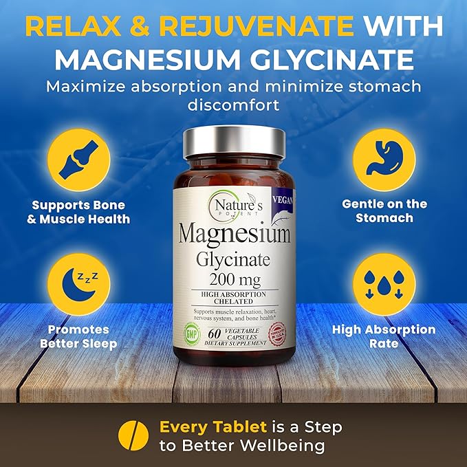 Nature's Potent Magnesium Glycinate 200mg, (High Absorption) Vegan Magnesium Glycinate Capsules Supplement for Women & Men - Chelated Magnesium Glycinate for Sleep - Magnesium for Muscle Cramps - 60ct