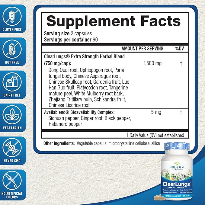 Ridgecrest Herbals ClearLungs Extra Strength, Natural Lung, Nasal Health Formula, Bronchial, Respiratory, Sinus, Mucus Support (120 Caps, 60 Serv)