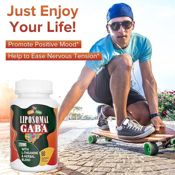 Liposomal GABA with L-Theanine Supplements 1200mg - High Absorption GABA Complex with Ashwagandha, Chamomile, Tart Cherry Herbal Supplements for Men and Women, 120 Softgels