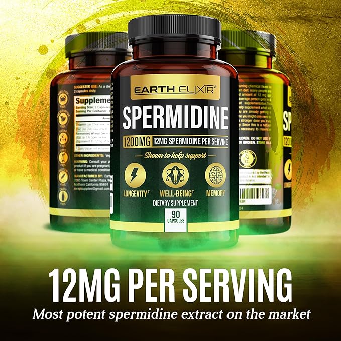 Spermidine Supplements 1200mg (90 Capsules) β Anti Aging - 3rd Party Tested (12mg Spermidine Powder) Max Purity - 100% Pure Espermidina- Fermented Wheat Germ Extract - NMN Alternative