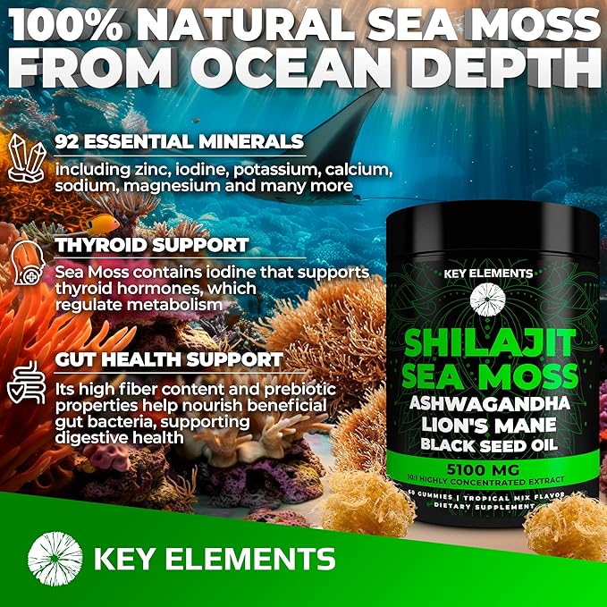 Organic Shilajit Gummies with Sea Moss Gummies - Shilajit Supplement for Immune Support - Pure Himalayan Shilajit and Ashwagandha with Sea Moss and Shilajit, Lion’s Mane Extract and Black Seed Oil