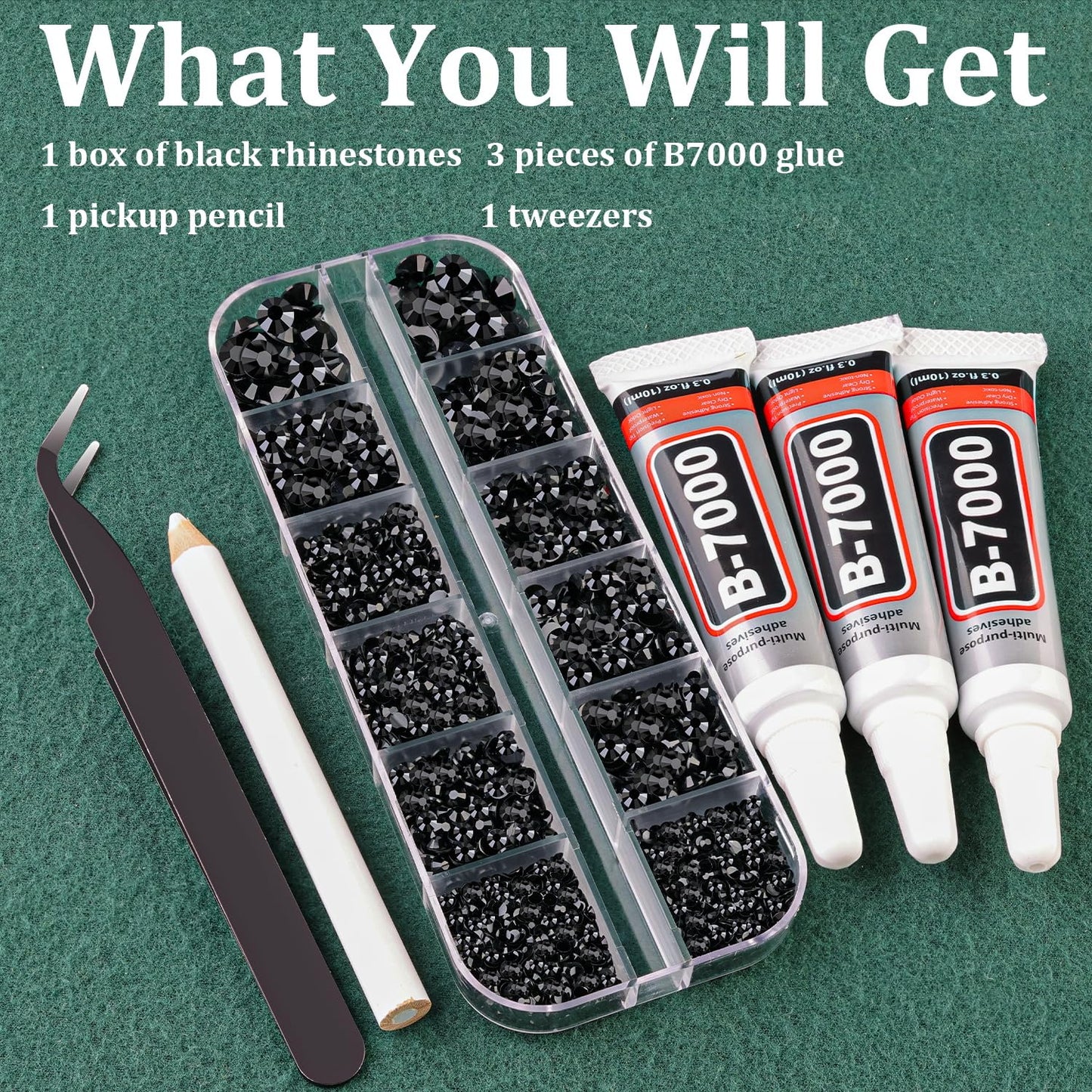 Resin Rhinestones for Bedazzling with B7000 Jewelry Glue, 1 Box Black Flatback Crystals with 3Pcs 10ml Glue for Crafting Crafts,Non Hotfix Gems for Clothing Shoes Nail Art Makeup