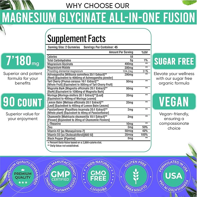 90ct 15-in-1 Magnesium Glycinate Gummies 400 mg/serv- with Magnesium Malate, Ashwagandha, Tart Cherry, Magnolia Bark, Lemon Balm, Passionflower, Chamomile, L-Theanine, Zinc, Vitamin K2 & D3