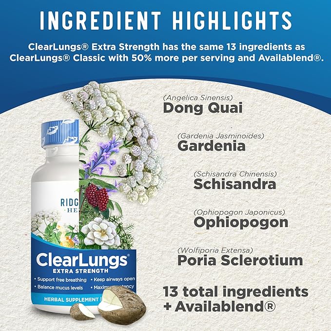Ridgecrest Herbals ClearLungs Extra Strength, Natural Lung, Nasal Health Formula, Bronchial, Respiratory, Sinus, Mucus Support (120 Caps, 60 Serv)