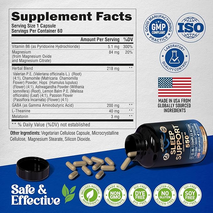 Sleeping Pills for Adults 550mg - Valerian Root for Sleep | Melatonin 3mg | L-Theanine | Magnesium - Natural Sleep Aid Supplement - Non-Habit Forming Rest Support - Made in USA - 1/Day | 60 Capsules