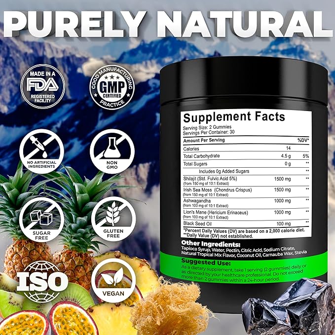 Organic Shilajit Gummies with Sea Moss Gummies - Shilajit Supplement for Immune Support - Pure Himalayan Shilajit and Ashwagandha with Sea Moss and Shilajit, Lion’s Mane Extract and Black Seed Oil