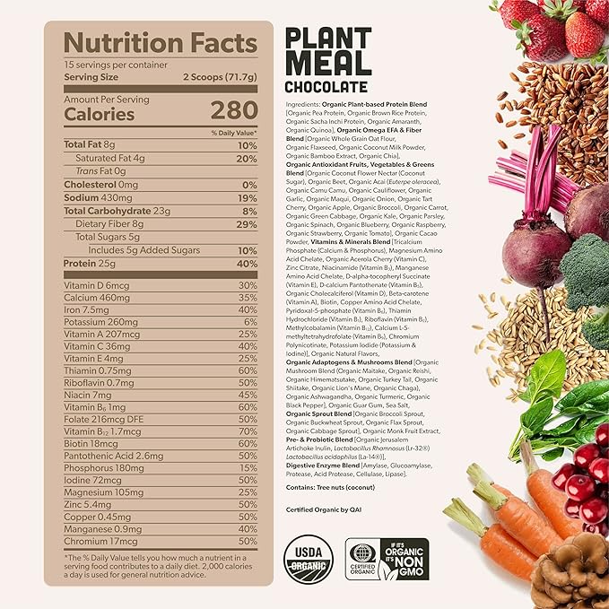 Plant Meal Replacement Shake - Chocolate - 25g of Plant Based Vegan Protein Powder, 76+ Organic Superfoods, Vitamins & Minerals, Mushrooms, Super Greens, Digestive Enzymes & Probiotics - 15 Servings