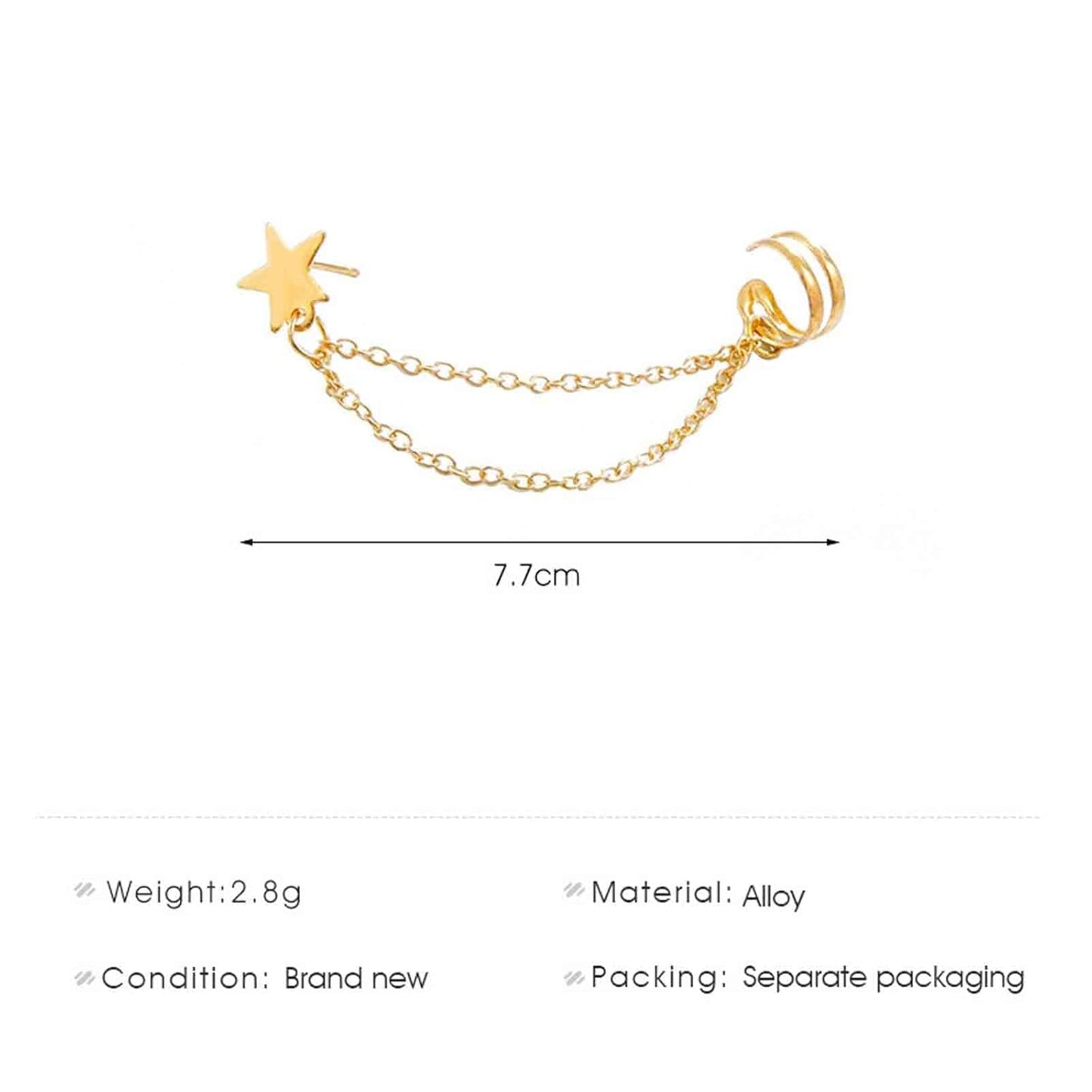 Boho Star Cartilage Chain Earrings Gold Long Chain Dangle Earrings Minimal Ear Cuff Chain Earrings Helix Lobe Chain Earrings Jewelry for Women and Girls