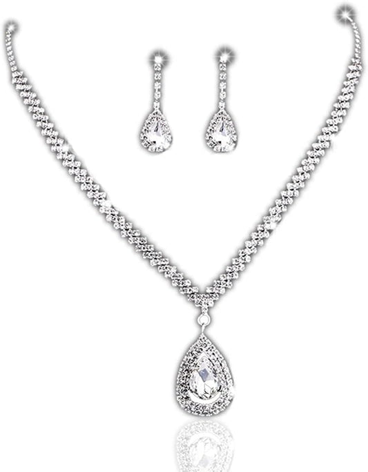 Bride Silver Necklace Earrings Set Rhinestone Wedding Jewelry Set Crystal Choker Necklace for Women