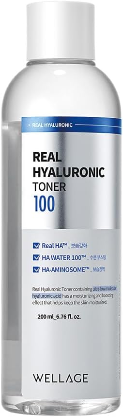 WELLAGE Real Hyaluronic Toner 100 for face, Korean Beauty Toner, 93% Hyaluronic Acid Water, Hydrating for Dry Skin - Deep, Quick Absorption, Hypoallergenic, Skin Irritation-Free, 6.76 fl.oz.