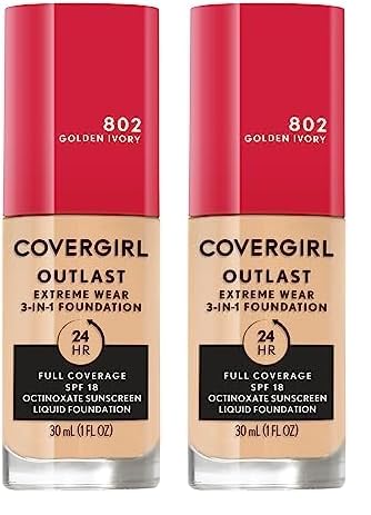 Covergirl Outlast Extreme Wear 3-in-1 Full Coverage Liquid Foundation, SPF 18 Sunscreen, Golden Ivory, 1 Fl. Oz. (Pack of 2)
