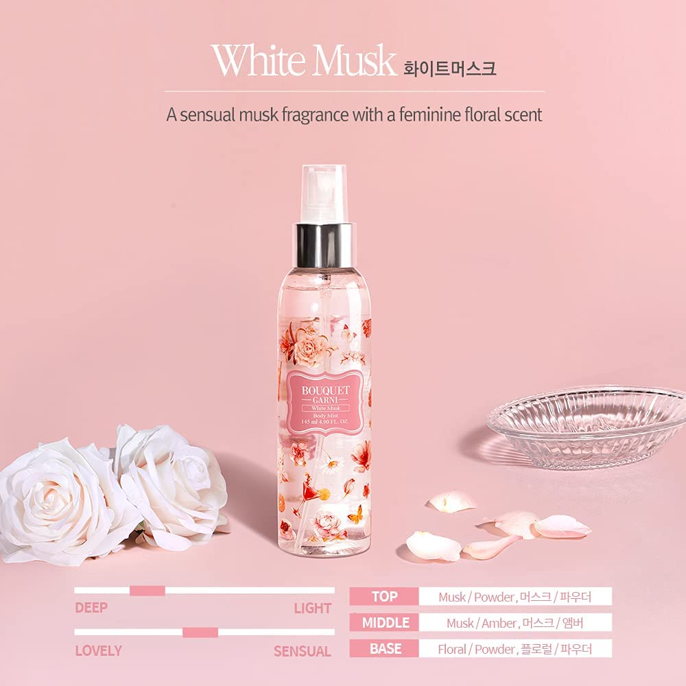 Bouquet Garni Hair & Body Mist White Musk Fragrance - Long-lasting Moisture & Fragrance, Mist for Women, Low Irritation (Containing Vitamin E, Citrus Acid) - 4.9 oz