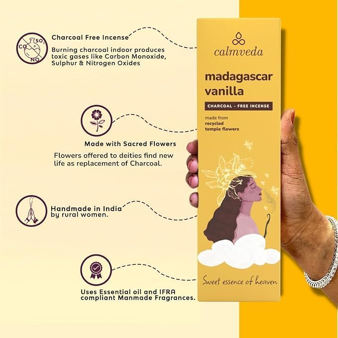 Madagascar Vanilla Incense Sticks Warm - (80 Scent Sticks) Charcoal Free, Made from Upcycled Flowers | Sweet, Cozy-Warm & Earthy Notes | Relaxing Incense & Healing Incense Sticks
