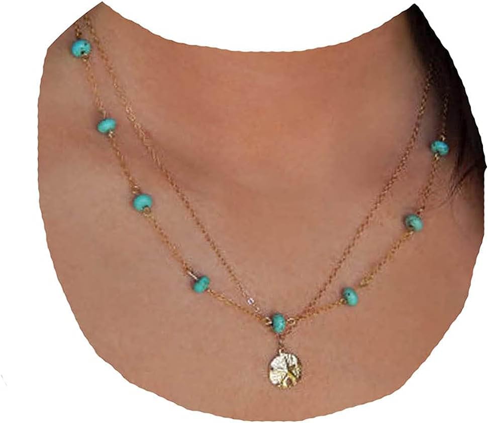 Boho Layered Coin Turquoise Necklace Gold Hammered Coin Disc Pendant Necklace Vintage Necklace Chain Jewelry for Women