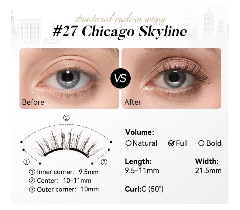 Magnetic Eyelashes with Applicator Kit, [Destination Collection: No.27 Chicago Skyline] Reusable Magnetic Lashes without Eyeliner, Glue-free False Lashes, Waterproof, Lightweight