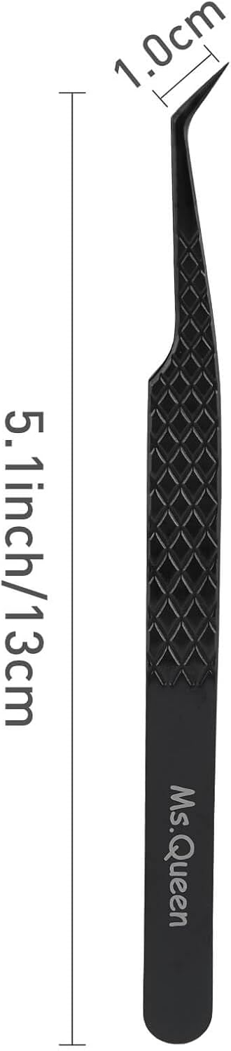 Ms.Queen Lash Extension Tweezers, Professional 45 Degree Fiber Grip Tweezers for Eyelash Extensions,Black