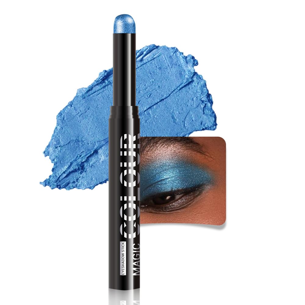 Dazzling Blue Shimmer Cream Eye Shadow Stick Makeup for Women, Blue Shimmer Matte Eye Shadow Brightener Stick for Eyes, Waterproof Eyeshadow Pencil Applicator Blendable for Eye Highlight 22
