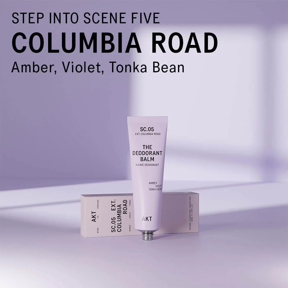 AKT, THE DEODORANT BALM. Award winning, multi-use, natural deodorant. Plastic Free. Gender Free. Aluminium Free. 100% effective — 1 tube lasts up to 3 months. SC.05 COLUMBIA ROAD 50ml/1.76 FL.OZ