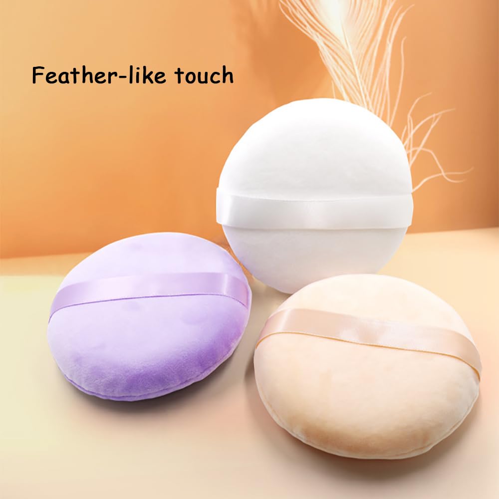2 Pack Extra Large 5.2" Beige & Purple Powder Puffs and 5.3" Glass Container – Oversized Soft Body & Face Large Powder Puff Dusting Powder Jar Holder Case(Dazzling colors Glass)