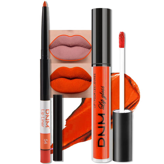 evpct 2Pcs Orange Light Fire Red Matte Liquid Lipstick Lip Gloss Stain and Retractable Lip Liner Makeup Set for Women Long Lasting Waterproof 24 Hours Lipstick labial mate larga duracion 24 54#