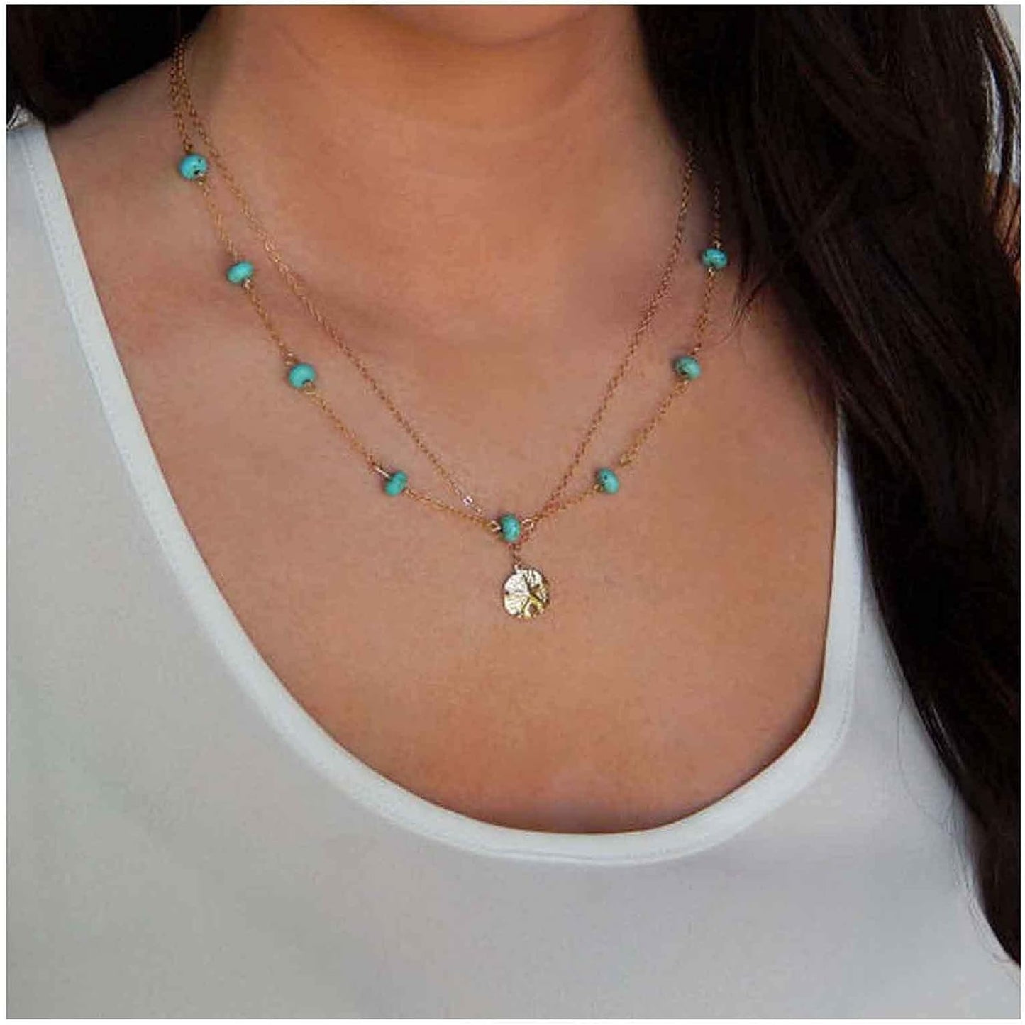 Boho Layered Coin Turquoise Necklace Gold Hammered Coin Disc Pendant Necklace Vintage Necklace Chain Jewelry for Women