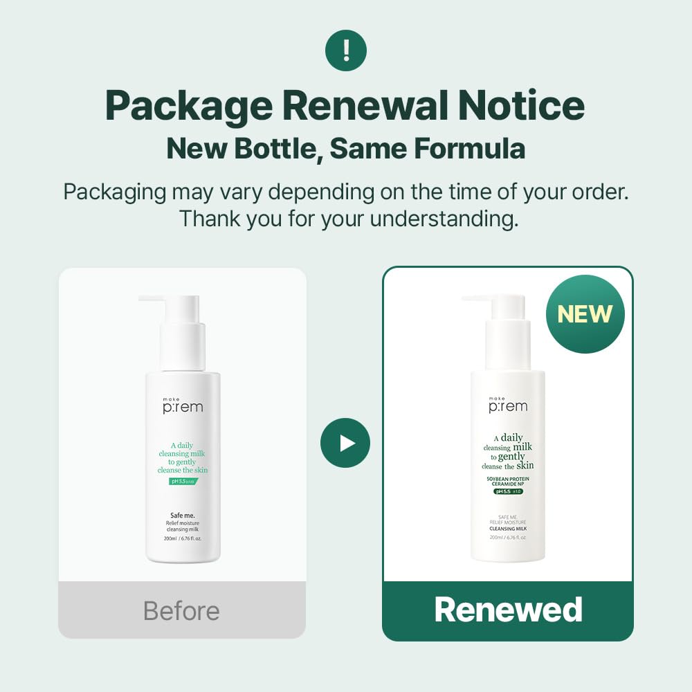 MAKE P:REM Safe Me. Relief Moisture Cleansing Milk, Hydrating Gentle Face Wash for Sensitive Skin with Soy Protein, Korean Milky Cleanser, Korean Skin Care, 6.76 Fl.Oz, 200ml