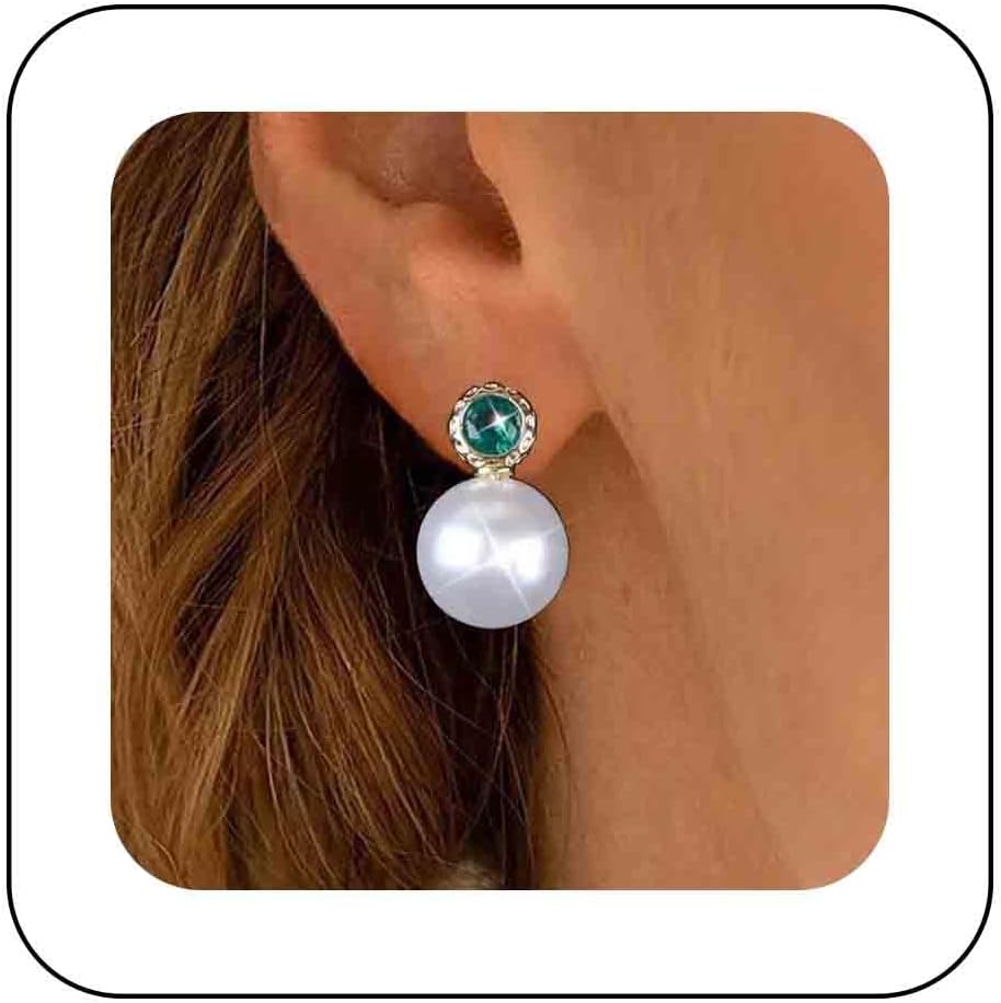 Vintage Emerald Pearl Earrings Gold Pearl Drop Earrings Green Emerald Studs Earrings Rhinestone Pearl Emerald Earrings Jewelry for Women