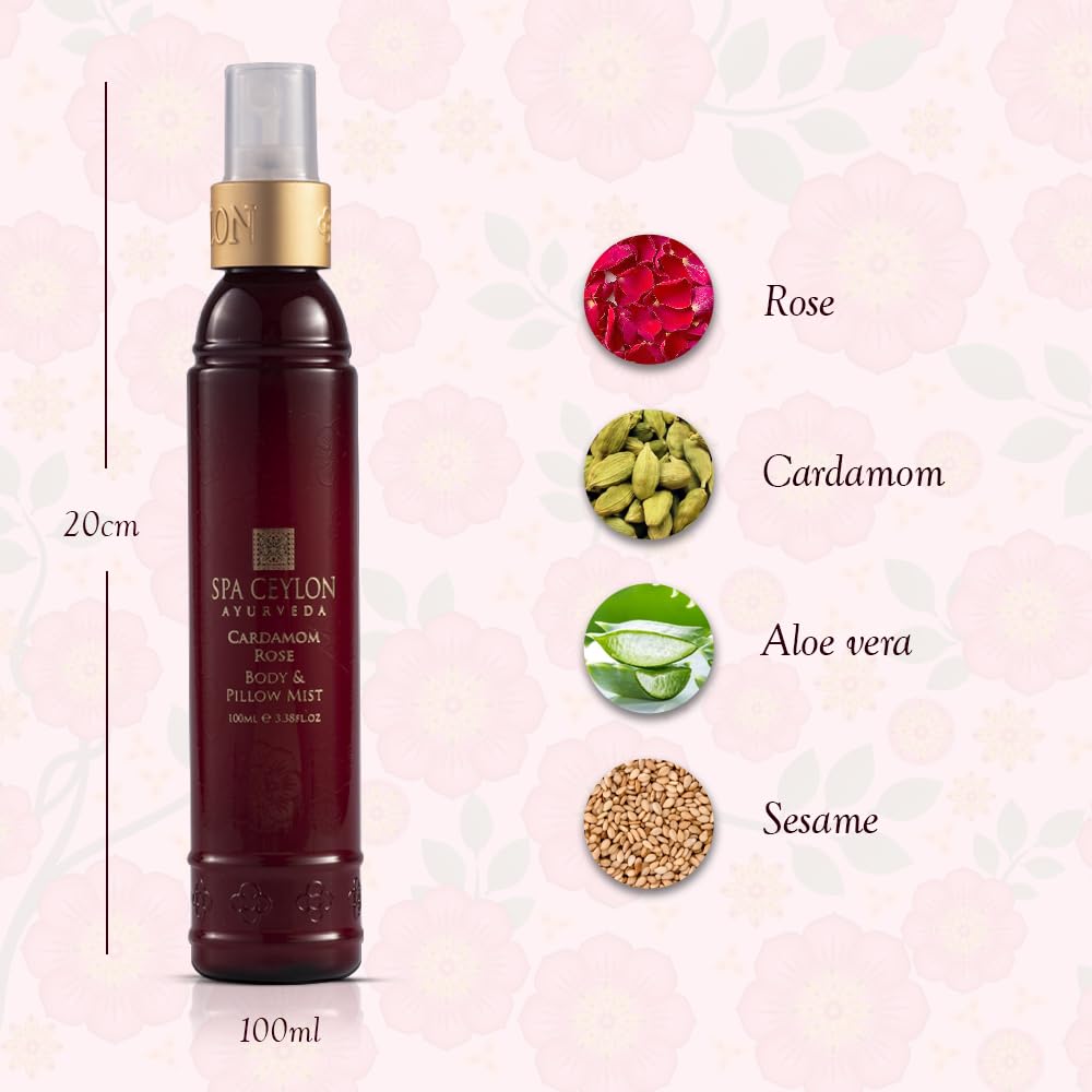 SPA CEYLON Cardamom Rose Body and Pillow Mist | Refreshing Skin Care Spray | Non-Oily Fragrance Mist for All Skin Types
