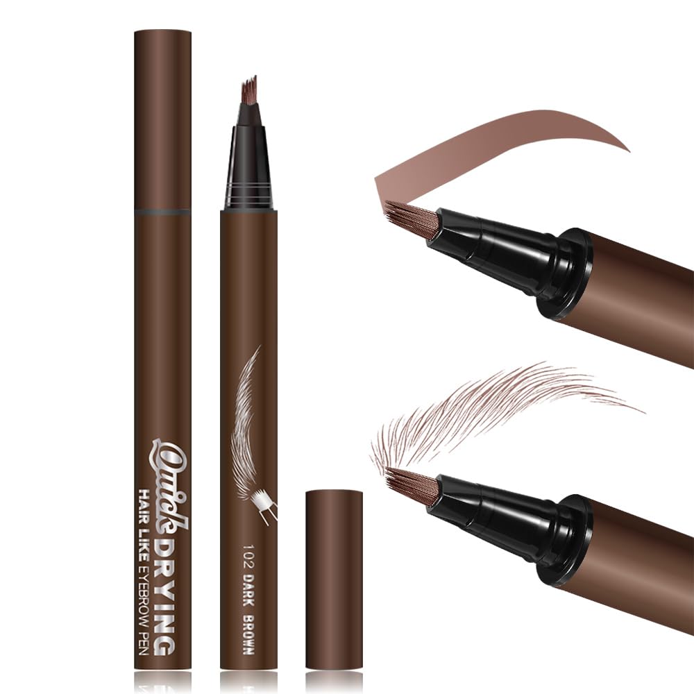 Kaely Microblading Eyebrow Pen with Multiple Fork Tips, Square Brush Magic Eyebrow Contouring Pen Waterproof, 3d Eye Brow Pencils for Women, Create Natural Hair-Like Brows, 102 Dark Brown