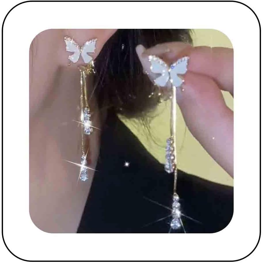 Vintage Crystal Butterfly Earrings Long Rhinestone Dangle Earrings Gold Chain Tassel Earrings Cz Butterfly Stud Earrings Jewelry for Women