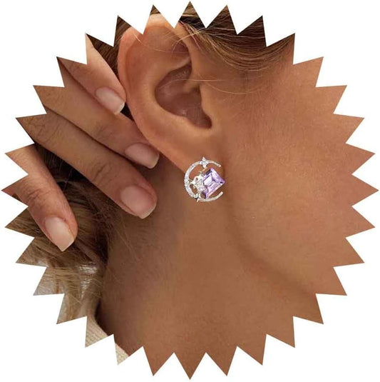 Vintage Purple Crystal Moon Earrings Amethyst Square Stud Earrings Rhinestone Crescent Earrings Gold Cz Star Stud Earrings Jewelry for Women