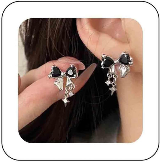 Vintage Crystal Bow Earrings Black Onyx Stud Earrings Silver Tiny Cross Drop Earrings Sparkly Cz Rhinestone Bow Earrings Jewelry for Women