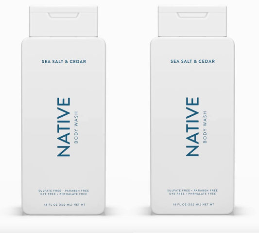 Native Body Wash Contains Naturally Derived Ingredients | For Women & Men, Sulfate, Paraben, & Dye Free Leaving Skin Soft and Hydrating | Sea Salt & Cedar 18 oz - 2 Pk