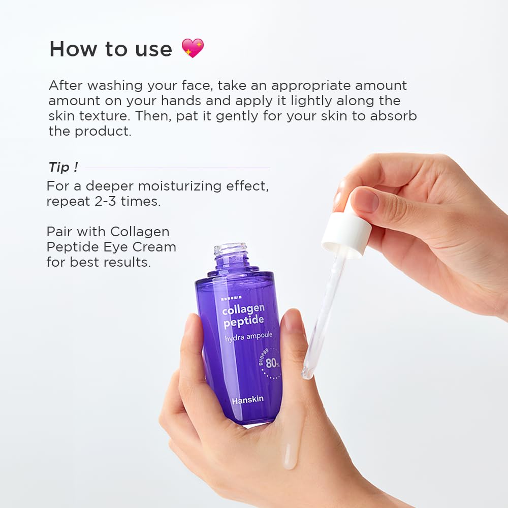 Hanskin Collagen Peptide Hydra Ampoule (90ml). Made with 80% Collagen Extract and 20% Peptide. Advanced Anti-Aging Formula to Repair Skin from Wrinkles and Fine Lines on Face and Neck Area.