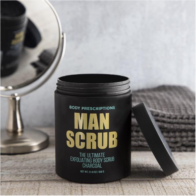 Body Prescriptions Men’s Exfoliating Body Scrub – Ultimate Skin Cleansing Wash in Jar with Twist-Top Lid, For All Skin Types, 21 Ounce (Pack of 4), Charcoal