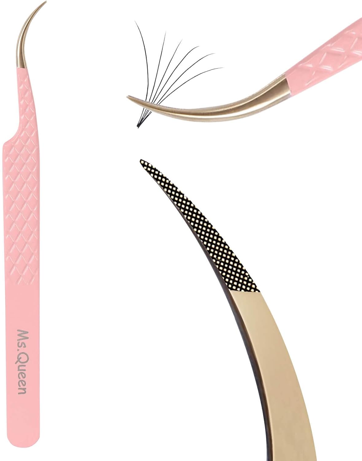 Ms.Queen Curved Tweezers for Eyelash Extensions,Diamond Grip Curved Volume Tweezers Fiber Tip Isolation Lash Tweezers