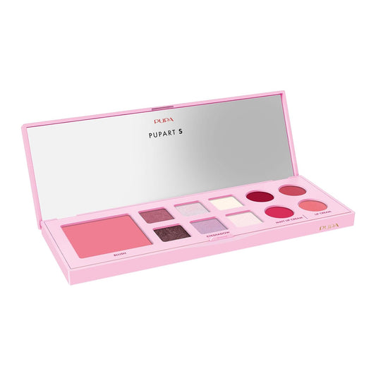 Pupa Milano Pupart S Makeup Palette, 002 Pink, 0.4 oz - Versatile Makeup Kit - Blush for Cheeks - Eyeshadow - Lip Gloss - Lip Cream - Face Makeup