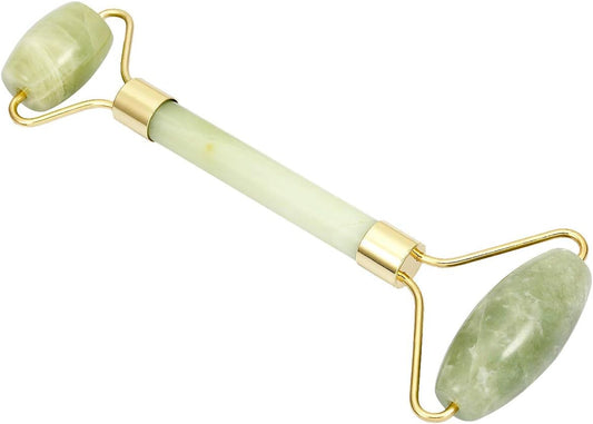 Rockcloud Natural Crystal Stone Roller Massager Double Neck Face & Neck Massage Therapy Anti-Aging Wrinkle Healing Slimming Skincare Tool, Xiuyan Jade