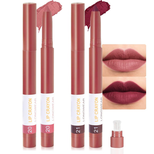 BINGBRUSH Matte Lip Crayon Set – Longwear, Waterproof, Velvet Finish, Built-in Sharpener, Smooth Lip Liner & Gloss (20#+21#, 2 Count (Pack of 1))