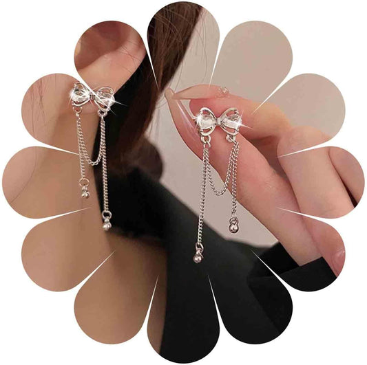 Vintage Crystal Bow Earrings Rhinestone Chain Drop Earrings Silver Long Chain Dangle Earrings Long Tassel Chain Earrings Jewelry for Women